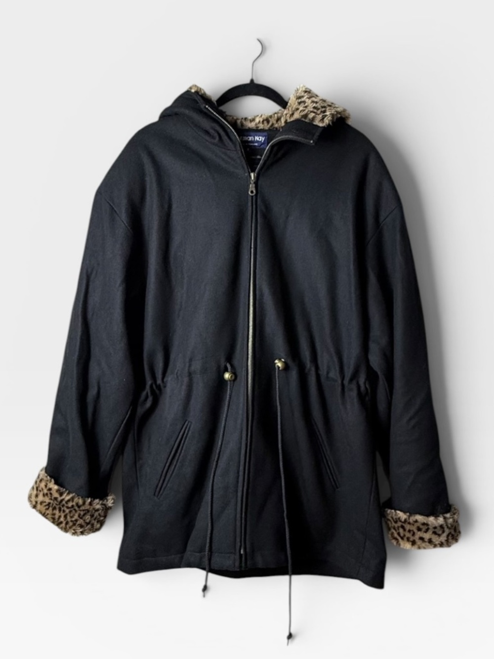 Herman Kay Vintage 1990's Leopard Black Wool-Blend Parka Coat Size‎ 8